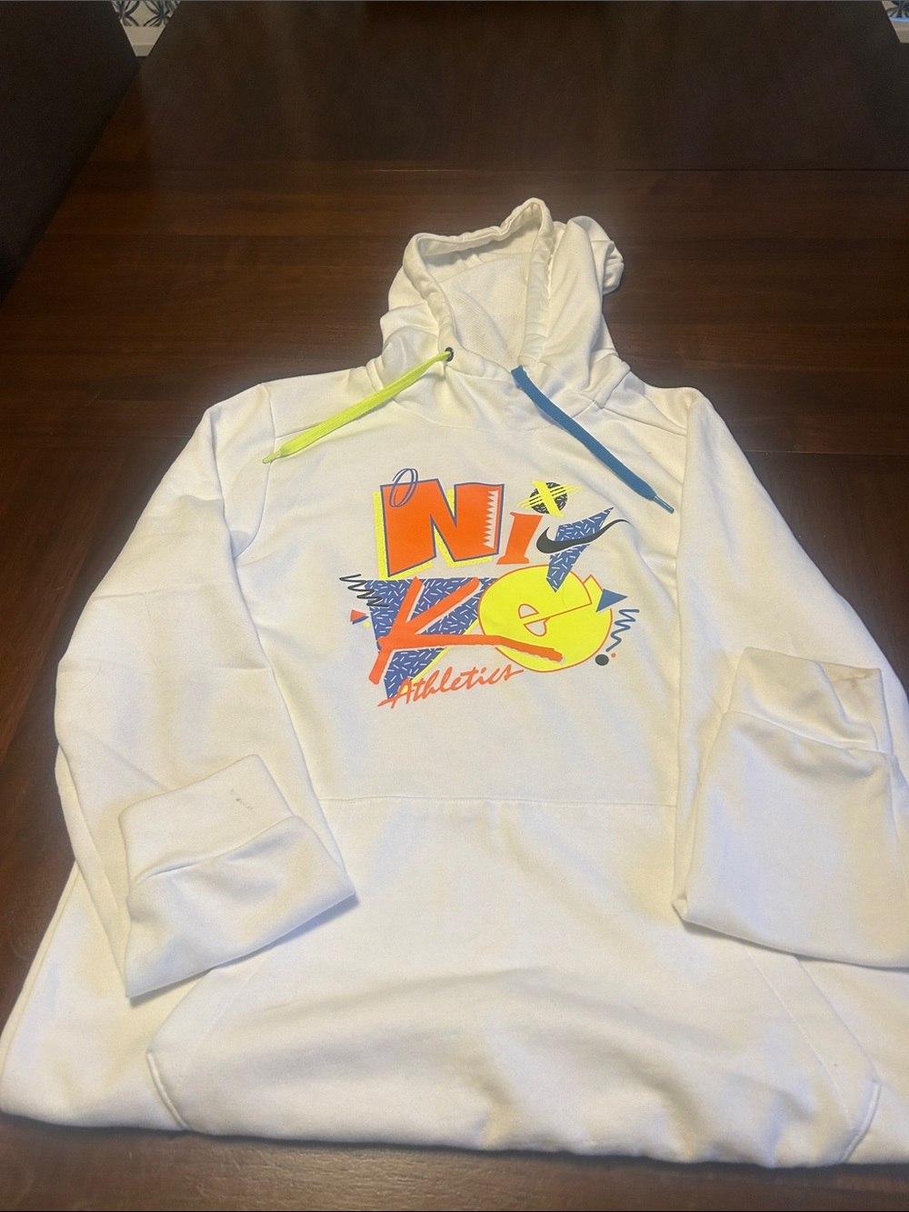 Nike White Pullover Hoodie with Neon Yellow & Blue Accents